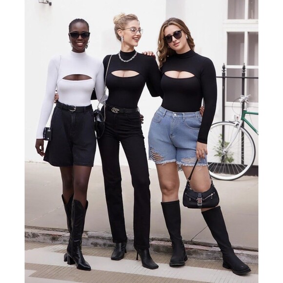 MANGOPOP Mock Neck Cutout Front Top Long Sleeve Large Black - Picture 3 of 4